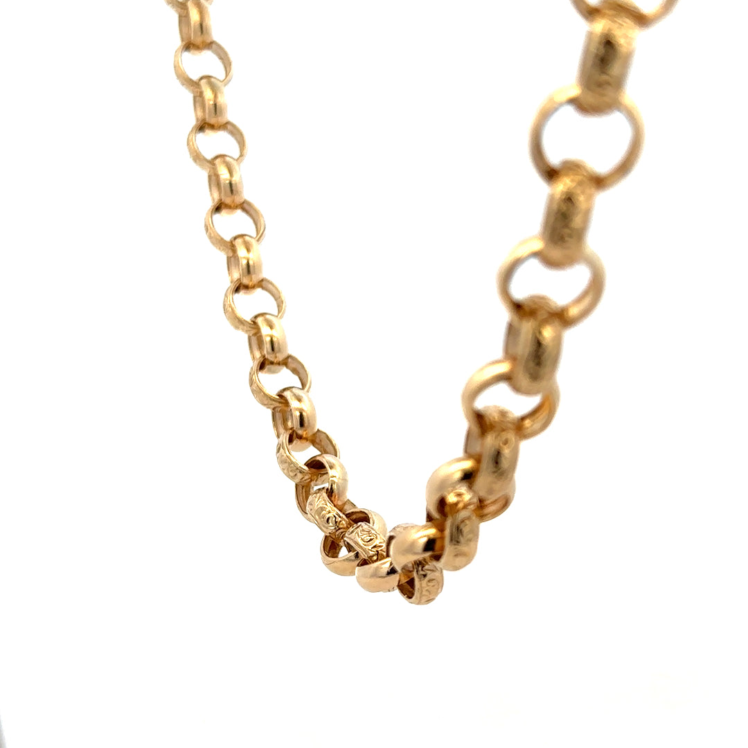 9ct yellow gold belcher chain weighing 86.6g, featuring interlinked round links, from Reeves and Sons.