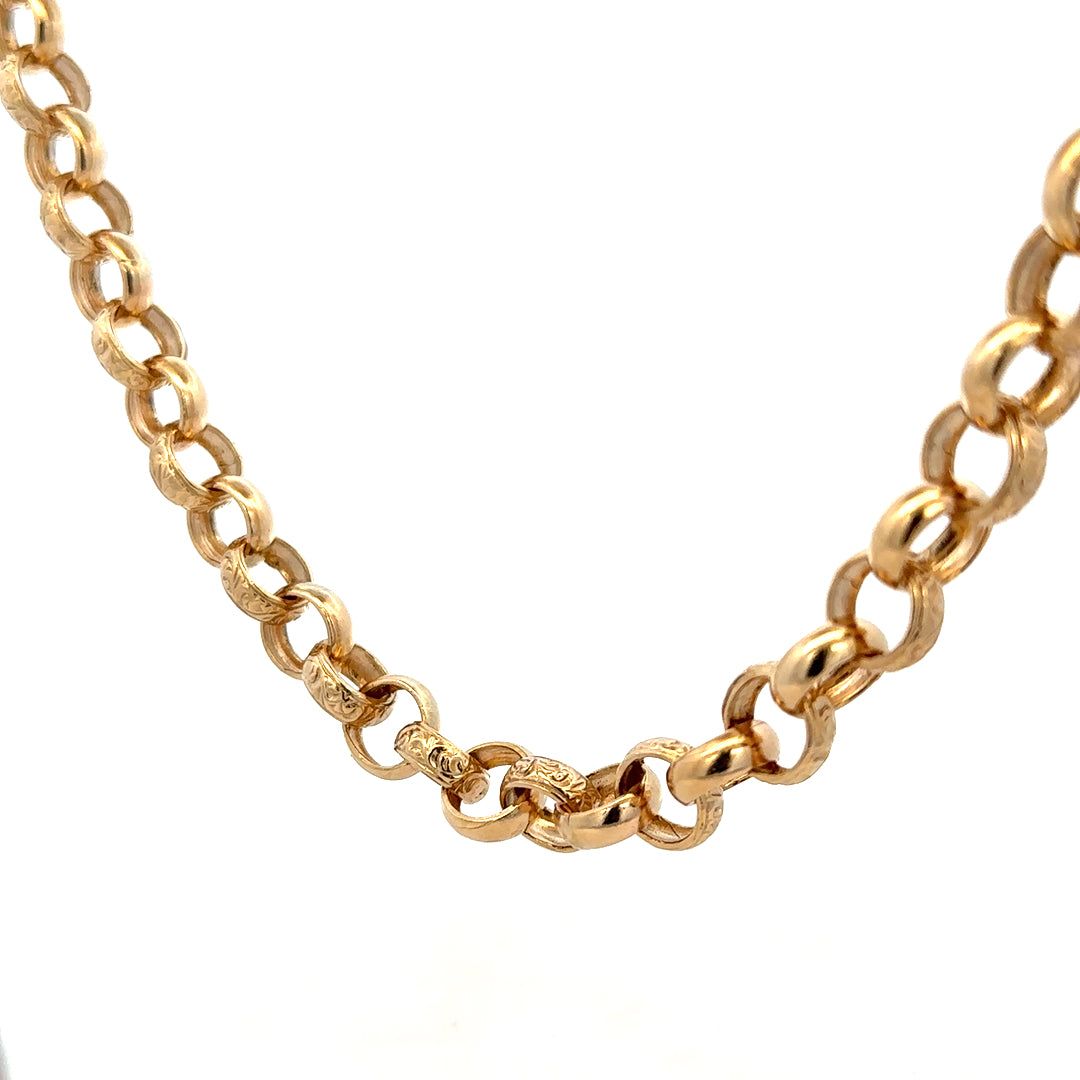 9ct yellow gold belcher chain weighing 86.6g, featuring interlocking links, by Reeves and Sons.