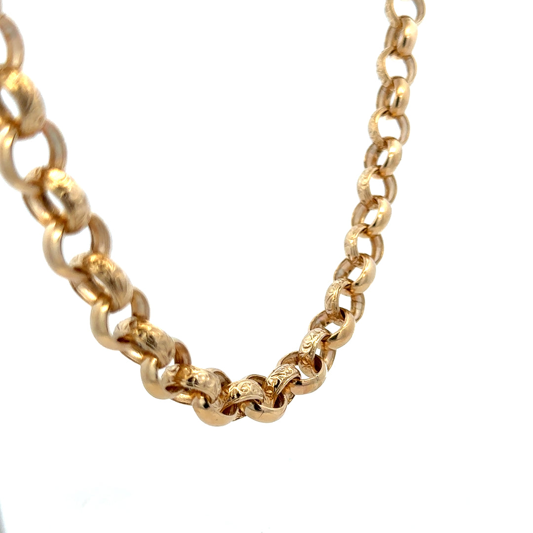 9ct yellow gold belcher chain with a polished finish, weighing 86.6g, from Reeves and Sons.