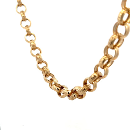 9ct yellow gold belcher chain weighing 86.6g, featuring linked gold loops, crafted by Reeves and Sons.