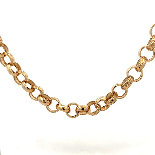 9ct yellow gold belcher chain with a sturdy link design, weighing 86.6g, from Reeves and Sons.