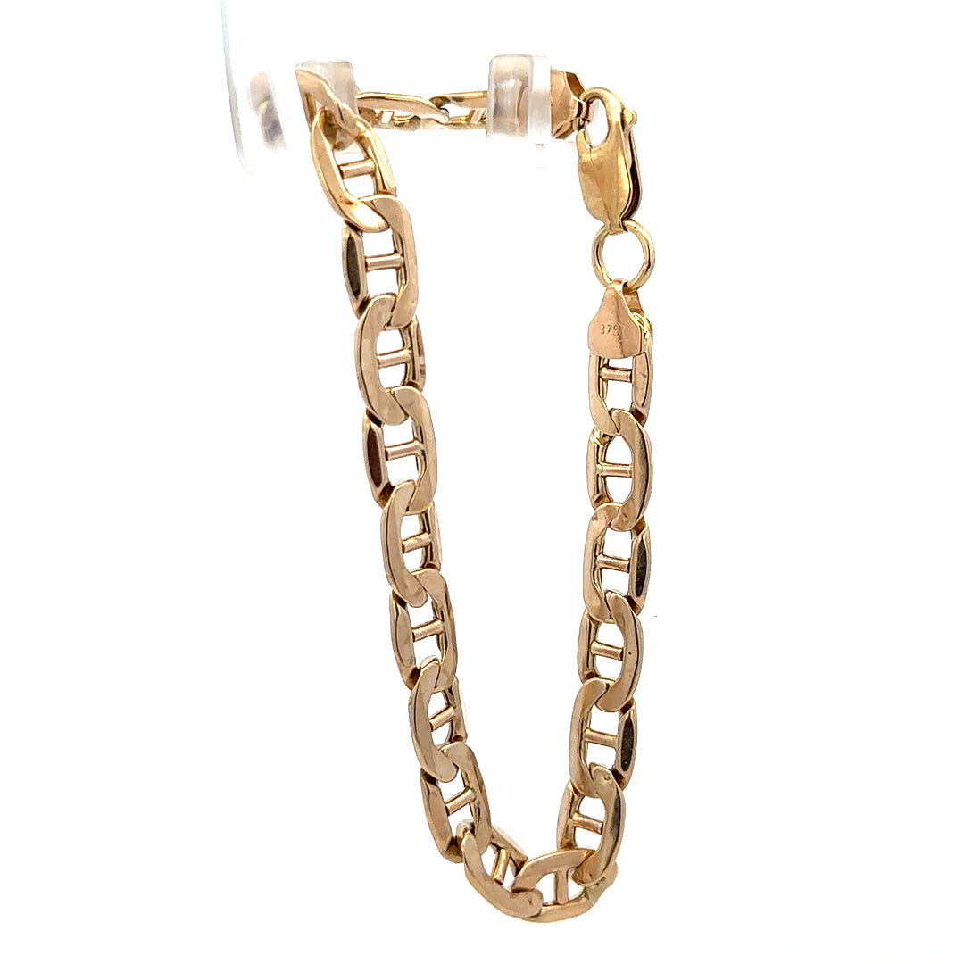 9ct yellow gold bracelet weighing 7.4g from Reeves and Sons, featuring elegant design and polished finish.