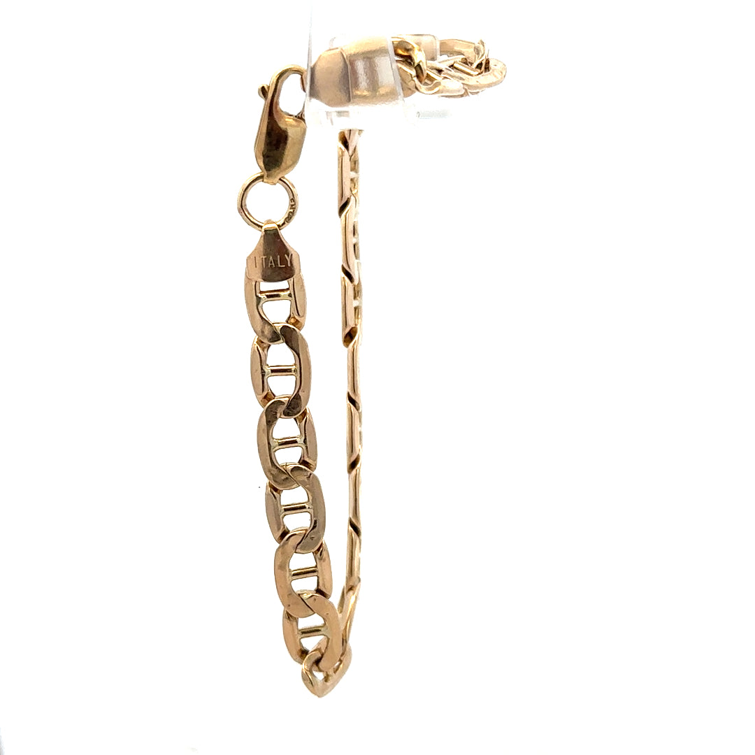 9ct yellow gold bracelet weighing 7.4g with intricate link design, crafted by Reeves and Sons.