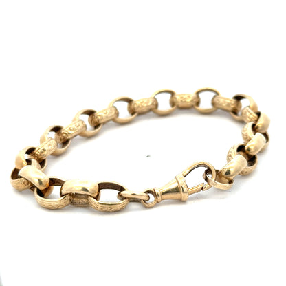 9ct yellow gold belcher bracelet weighing 21.7g with linked chain design, crafted by Reeves and Sons.