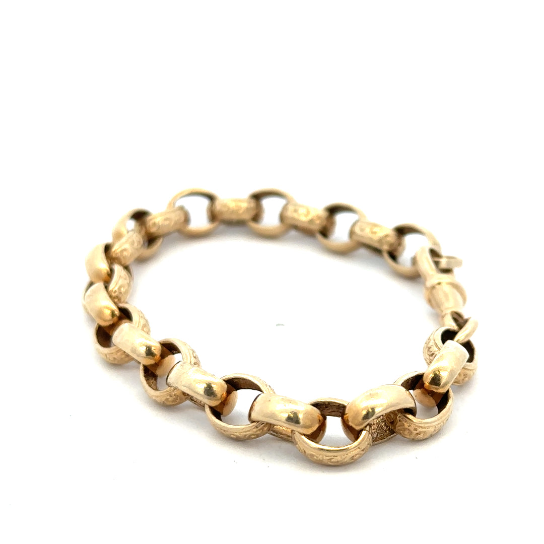 9ct yellow gold belcher bracelet with a polished finish, weighing 21.7g, from Reeves and Sons.