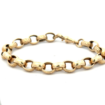 9ct yellow gold belcher bracelet weighing 21.7g with linked chain design, crafted by Reeves and Sons.