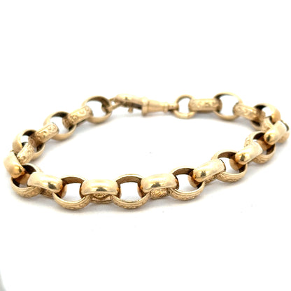 9ct yellow gold belcher bracelet weighing 21.7g with linked chain design, crafted by Reeves and Sons.
