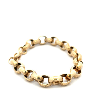 9ct yellow gold belcher bracelet with 21.7g weight, featuring linked chain design and Reeves and Sons branding.