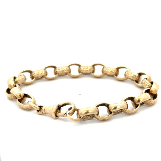 9ct yellow gold belcher bracelet weighing 21.7g with linked chain design, crafted by Reeves and Sons.
