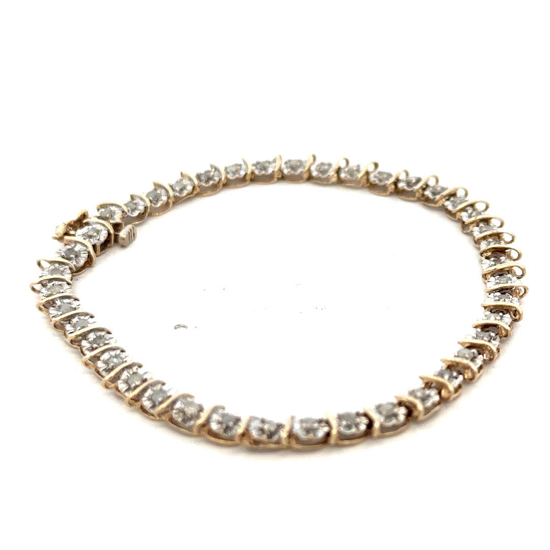 9ct yellow gold diamond bracelet with intricate links, weighing 5.9g, featuring sparkling diamonds, from Reeves and Sons.