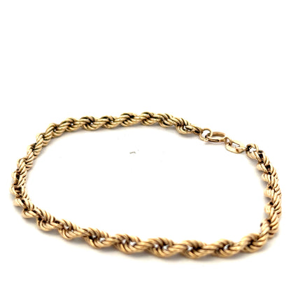 9ct yellow gold rope bracelet weighing 2.8g, featuring a twisted design and secure clasp, from Reeves and Sons.