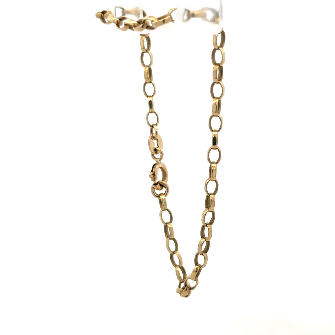 9ct yellow gold belcher bracelet from Reeves and Sons, showing a close-up of the chain links and polished finish.