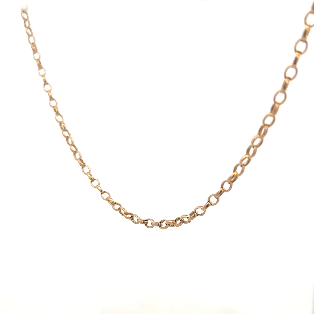 9ct yellow gold belcher chain weighing 11.1g, featuring classic interlinked round links, by Reeves and Sons.