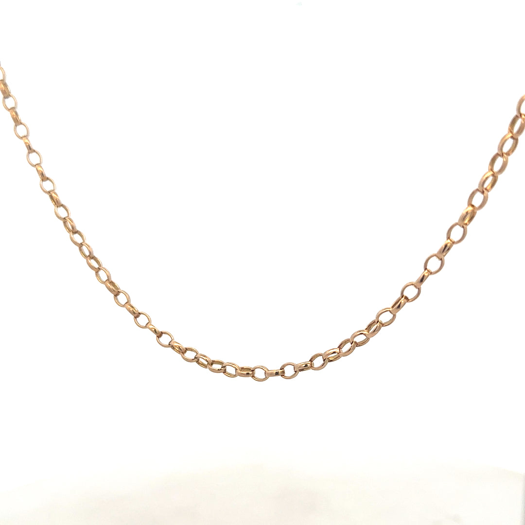9ct yellow gold belcher chain weighing 11.1g, showcasing its shiny links and classic design by Reeves and Sons.