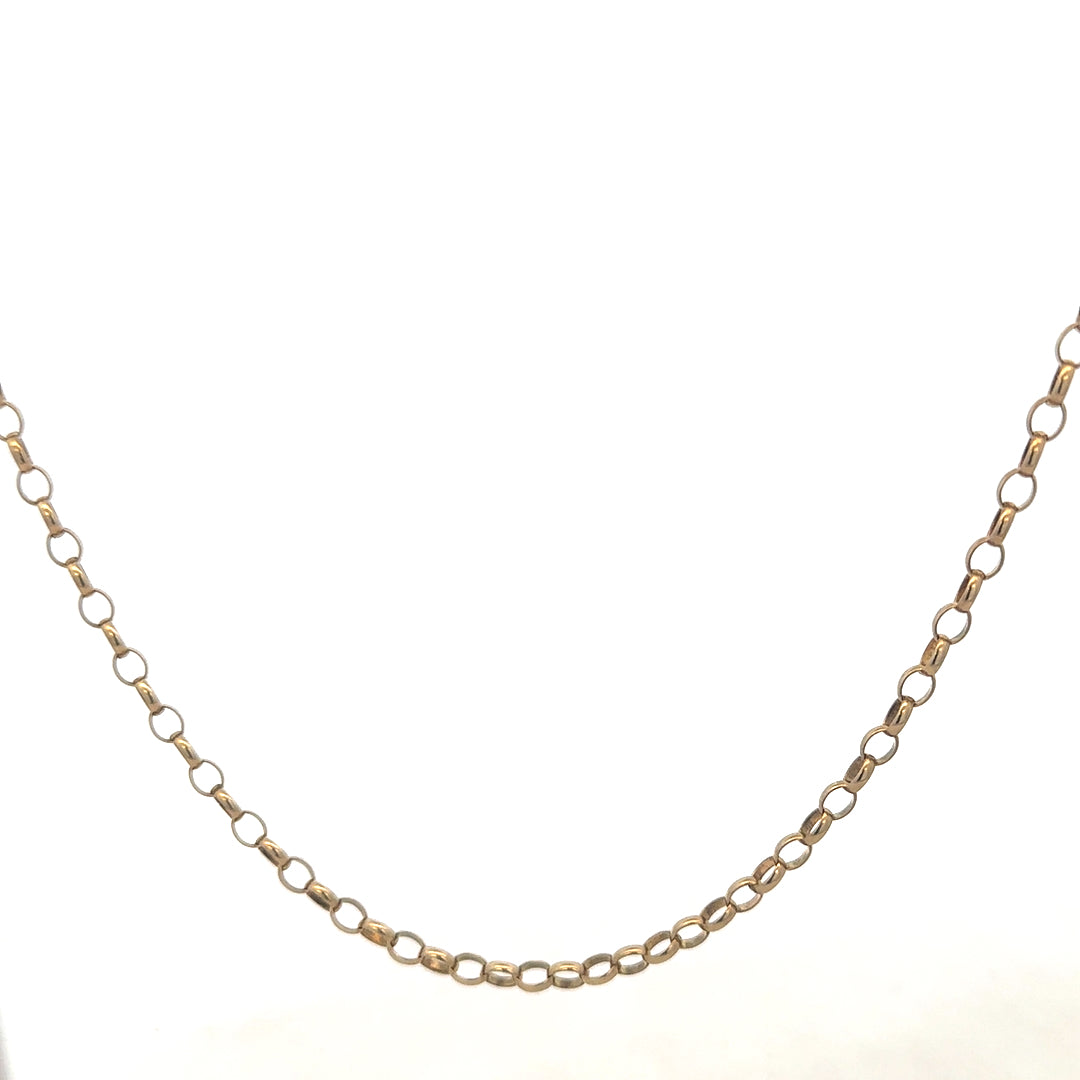 9ct yellow gold belcher chain from Reeves and Sons, showing a close-up of the textured gold links on a white background.