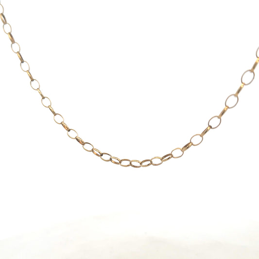 9ct yellow gold belcher chain from Reeves and Sons, showing the shiny linked chain with a secure clasp.