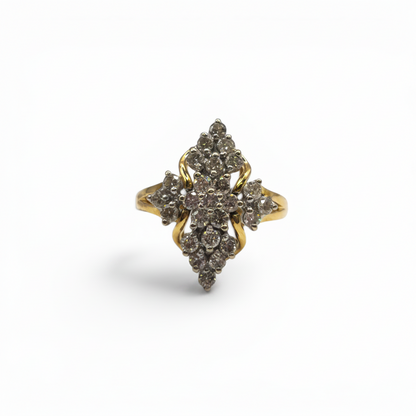 18ct yellow gold diamond ring by Reeves and Sons featuring sparkling diamonds and a classic band design.