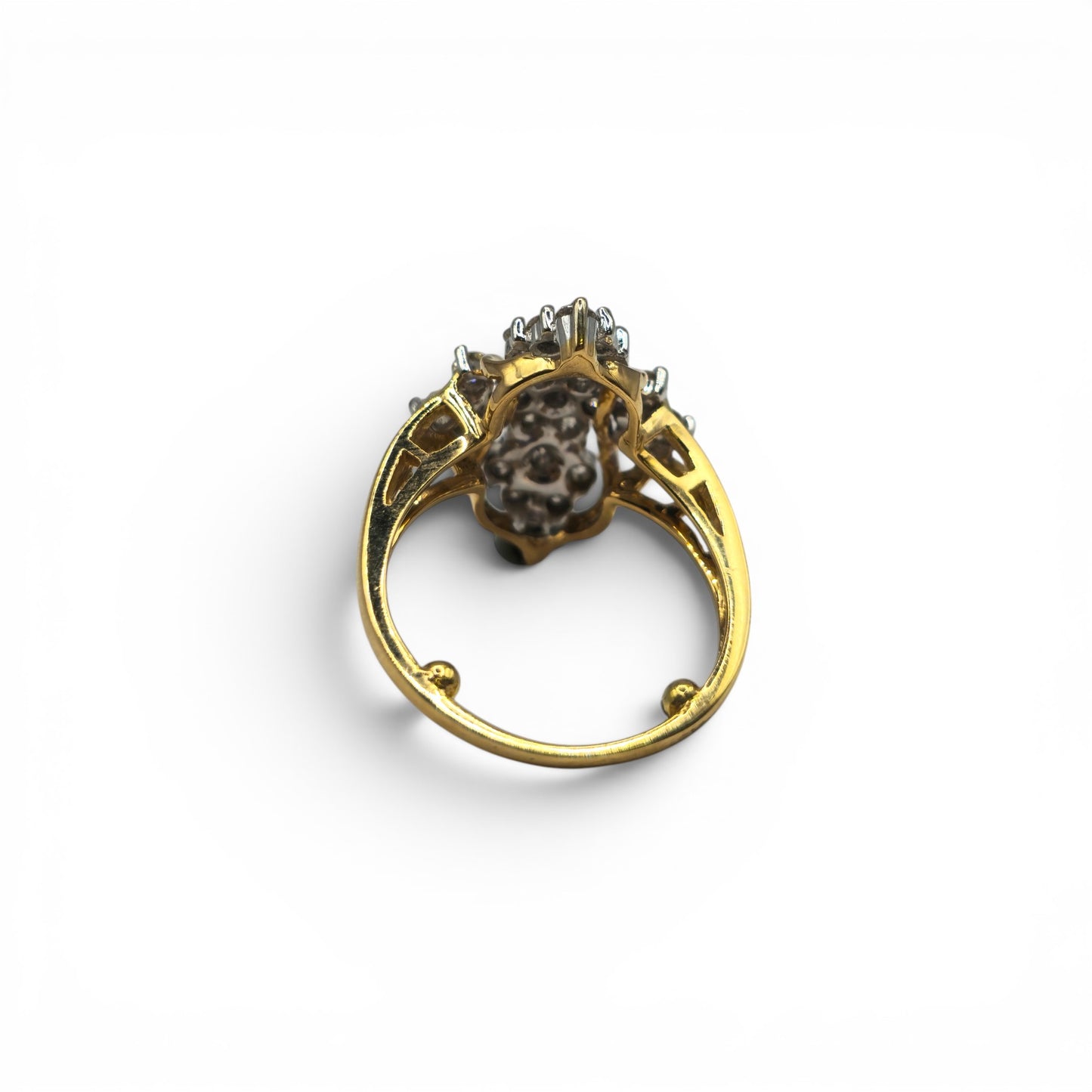 18ct yellow gold diamond ring by Reeves and Sons featuring sparkling diamonds set in a classic band design.