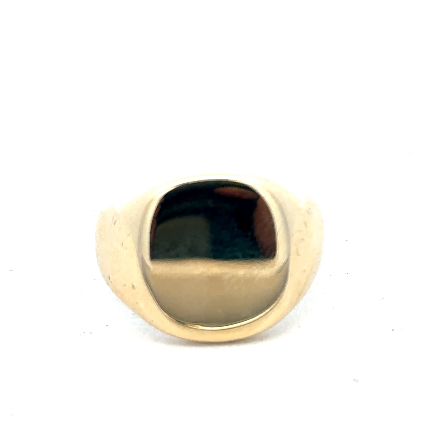 9ct yellow gold signet ring by Reeves and Sons, featuring a polished, classic design with a smooth surface and engraved details.