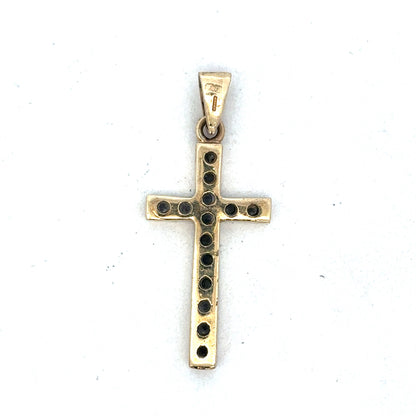 9ct yellow gold cross pendant by Reeves and Sons, showcasing a detailed religious jewelry design.