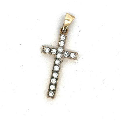 9ct yellow gold cross pendant by Reeves and Sons, featuring a detailed religious symbol with polished finish.