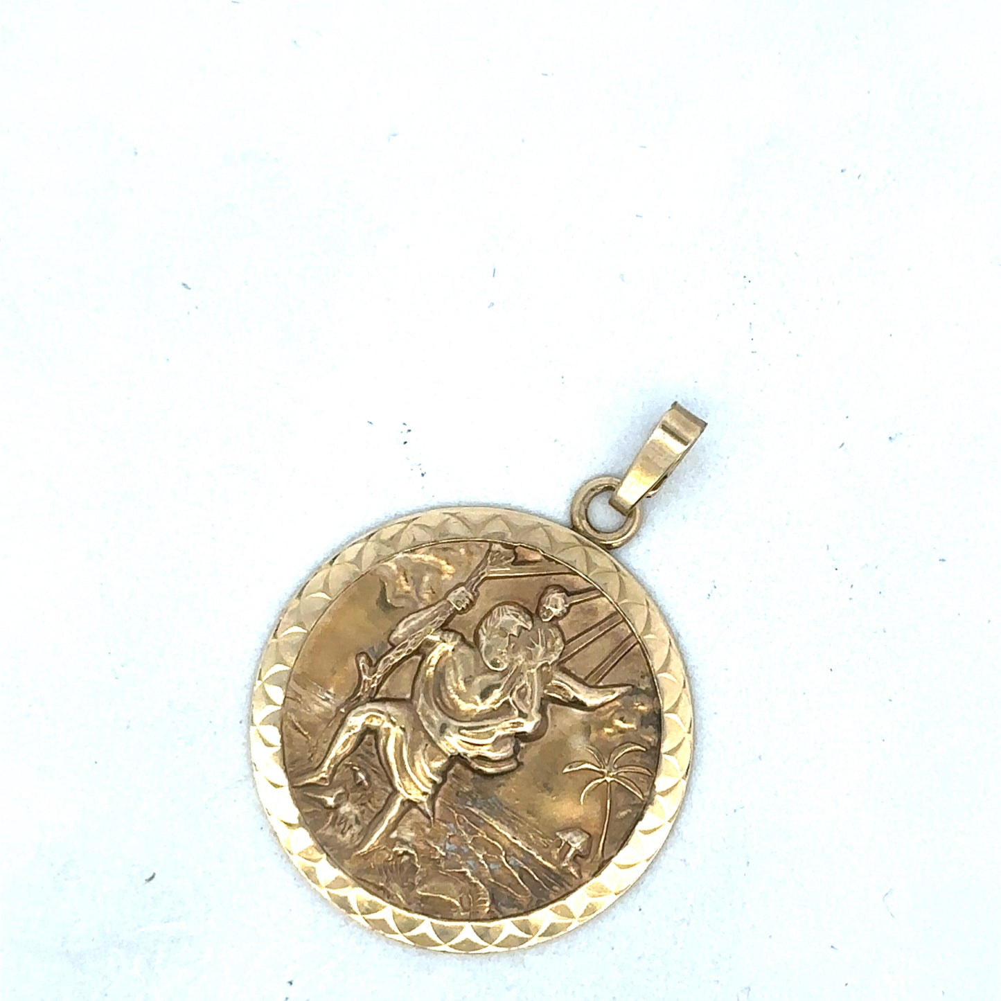 9ct yellow gold St Christopher pendant by Reeves and Sons, detailed religious jewelry with a polished finish