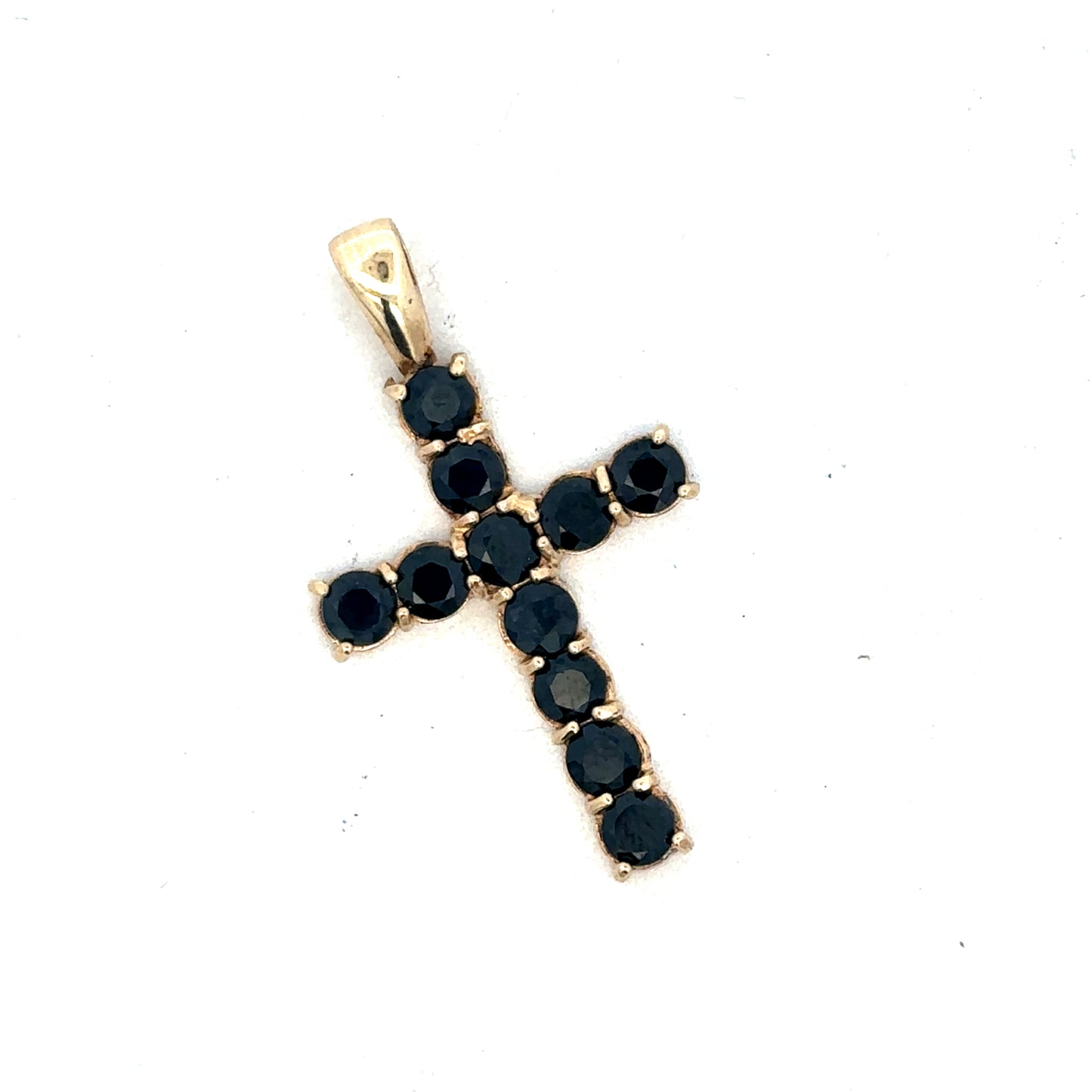 9ct yellow gold cross pendant by Reeves and Sons, featuring a simple design with polished finish, displayed on a white background.