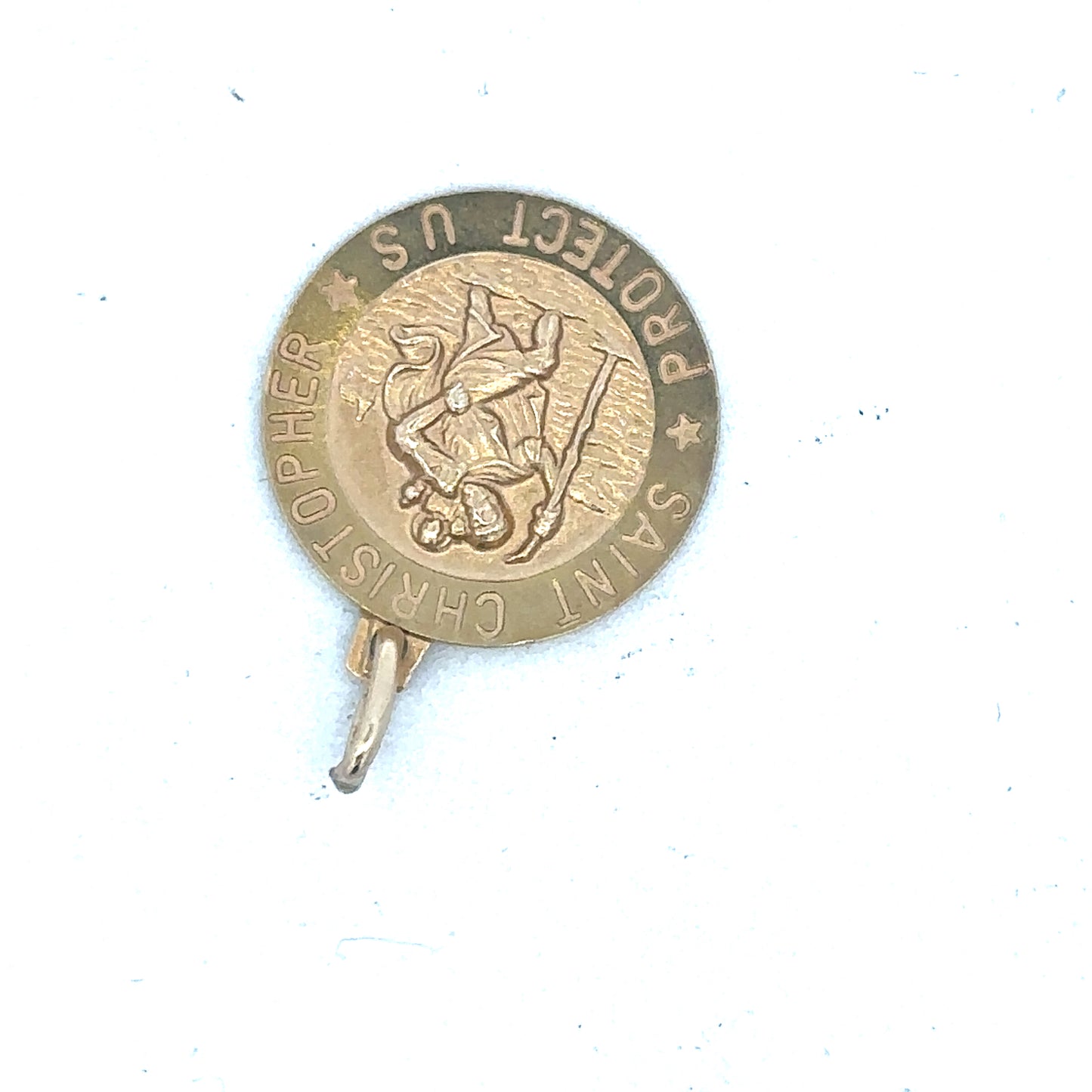 9ct yellow gold St Christopher pendant by Reeves and Sons, detailed religious jewelry with intricate design.