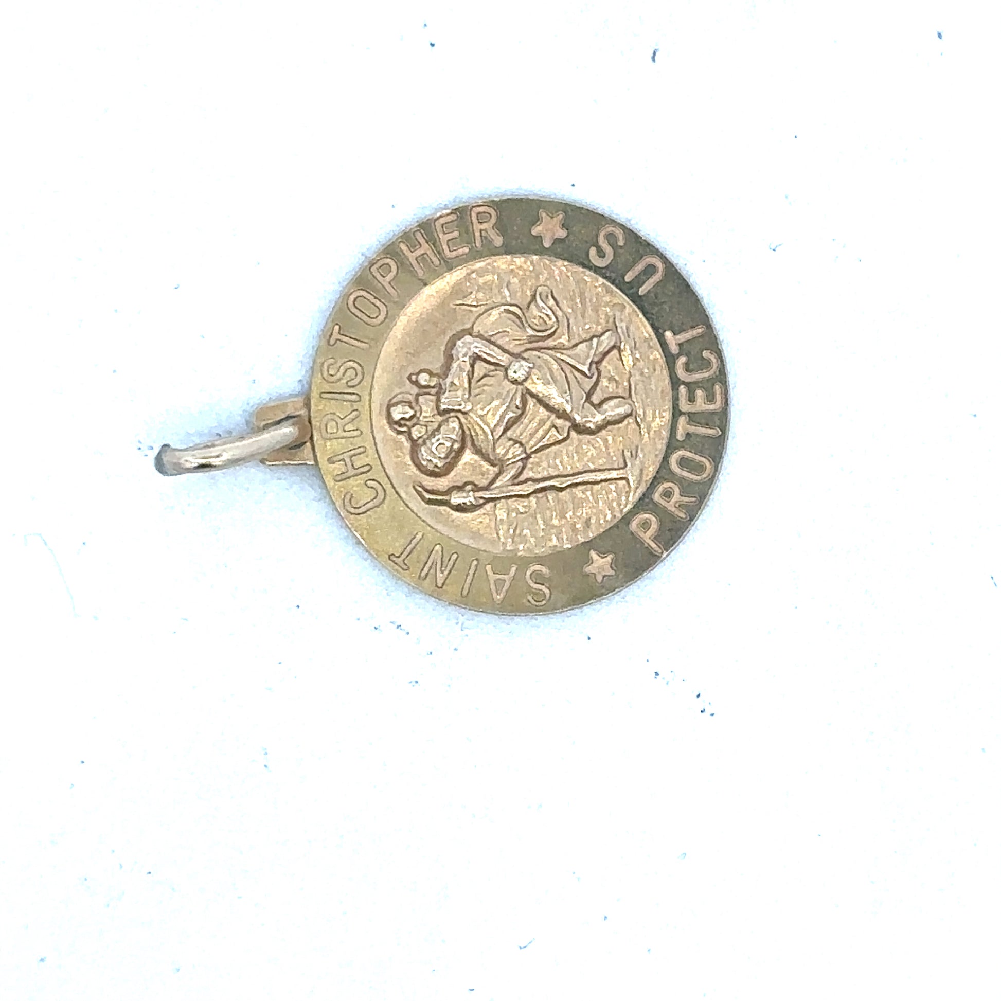 9ct yellow gold St Christopher pendant by Reeves and Sons, featuring detailed religious iconography and polished finish.