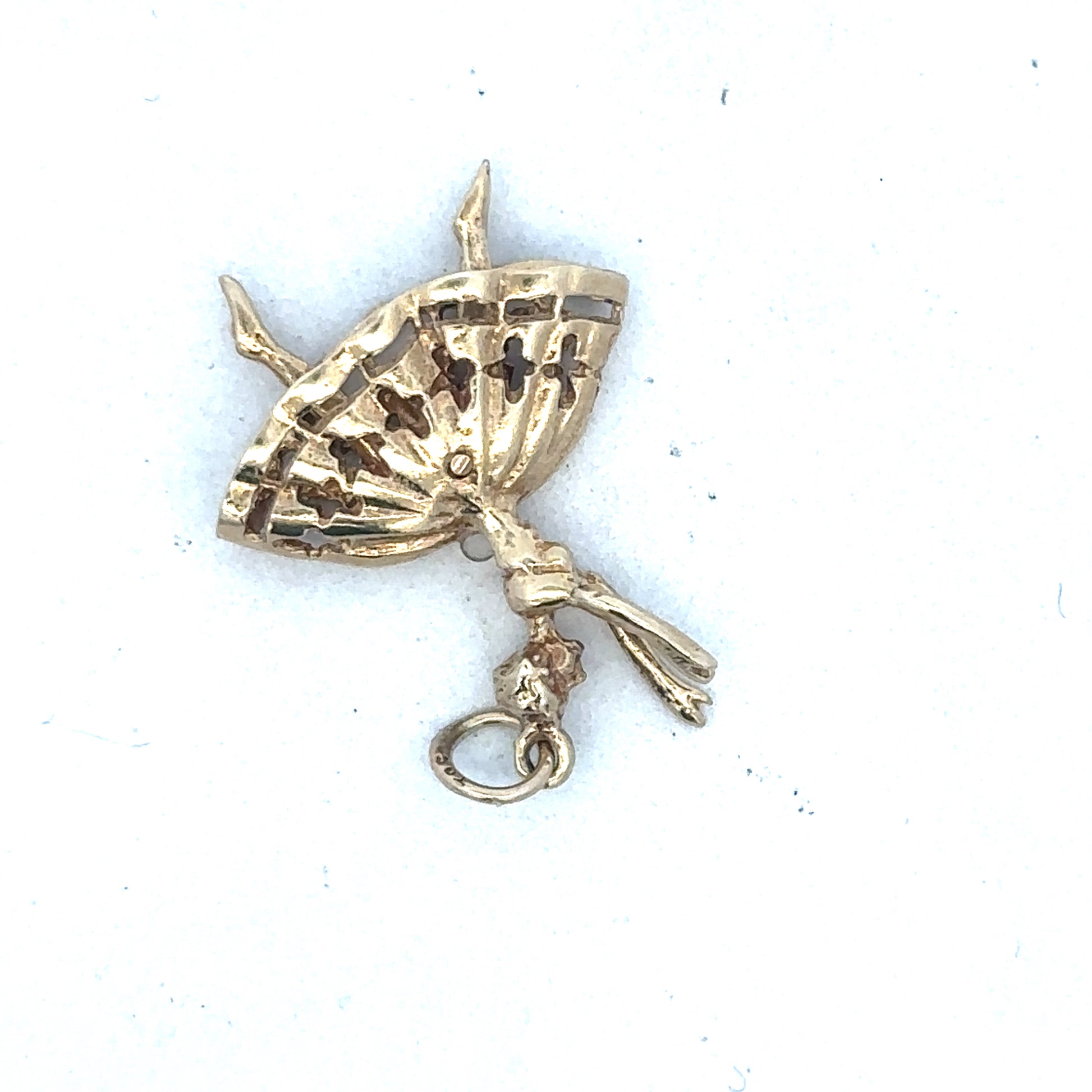 9ct yellow gold ballerina pendant by Reeves and Sons, detailed close-up showing a delicate ballet dancer design.