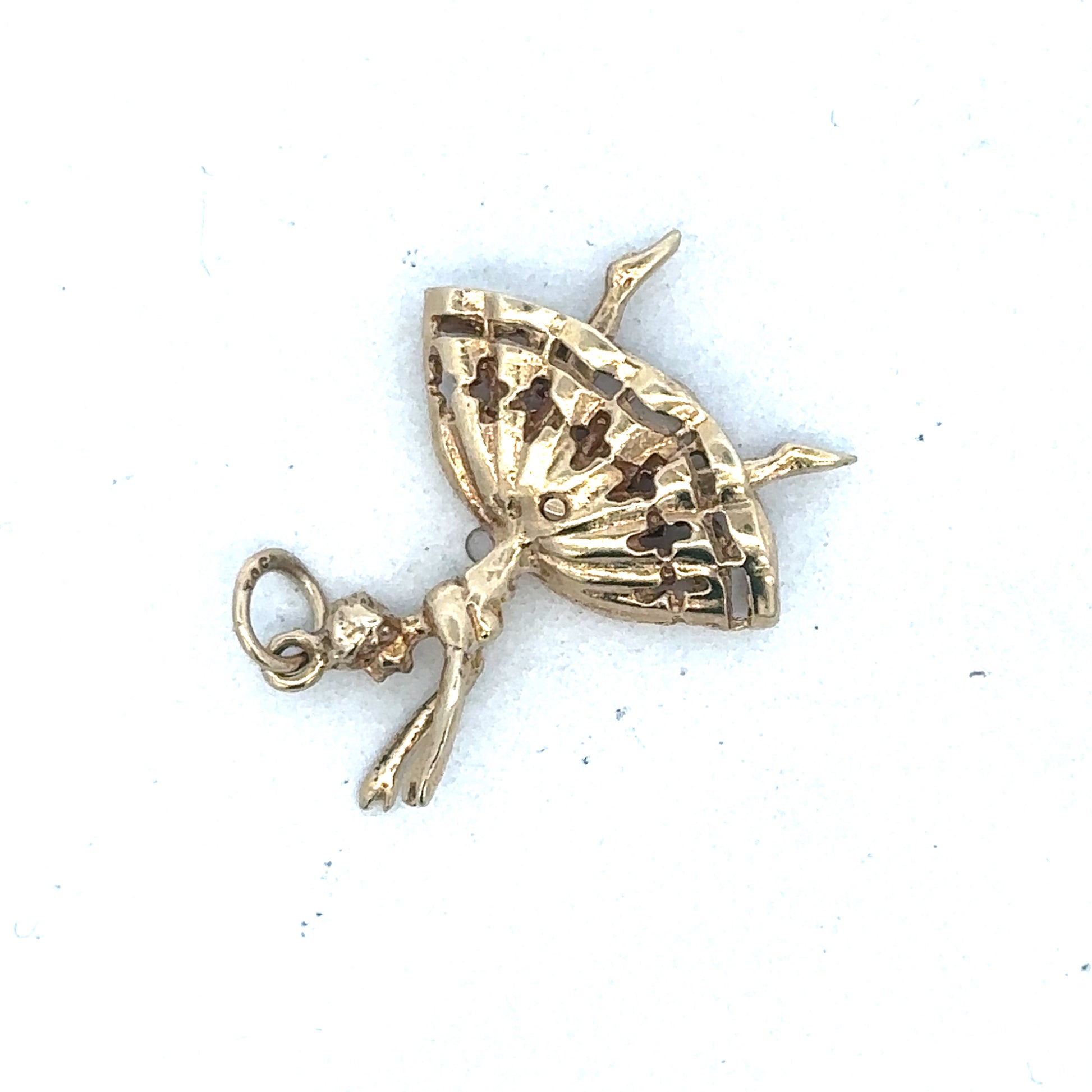9ct yellow gold ballerina pendant by Reeves and Sons, featuring a delicate ballerina design on a chain.
