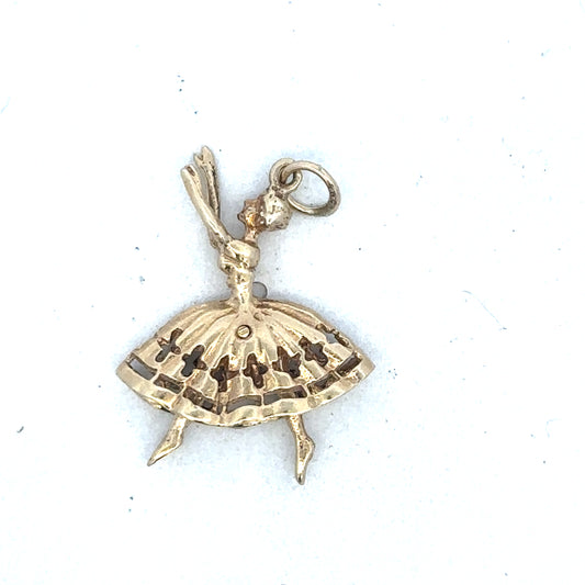 9ct yellow gold ballerina pendant by Reeves and Sons, featuring a detailed ballet dancer design on a delicate chain.