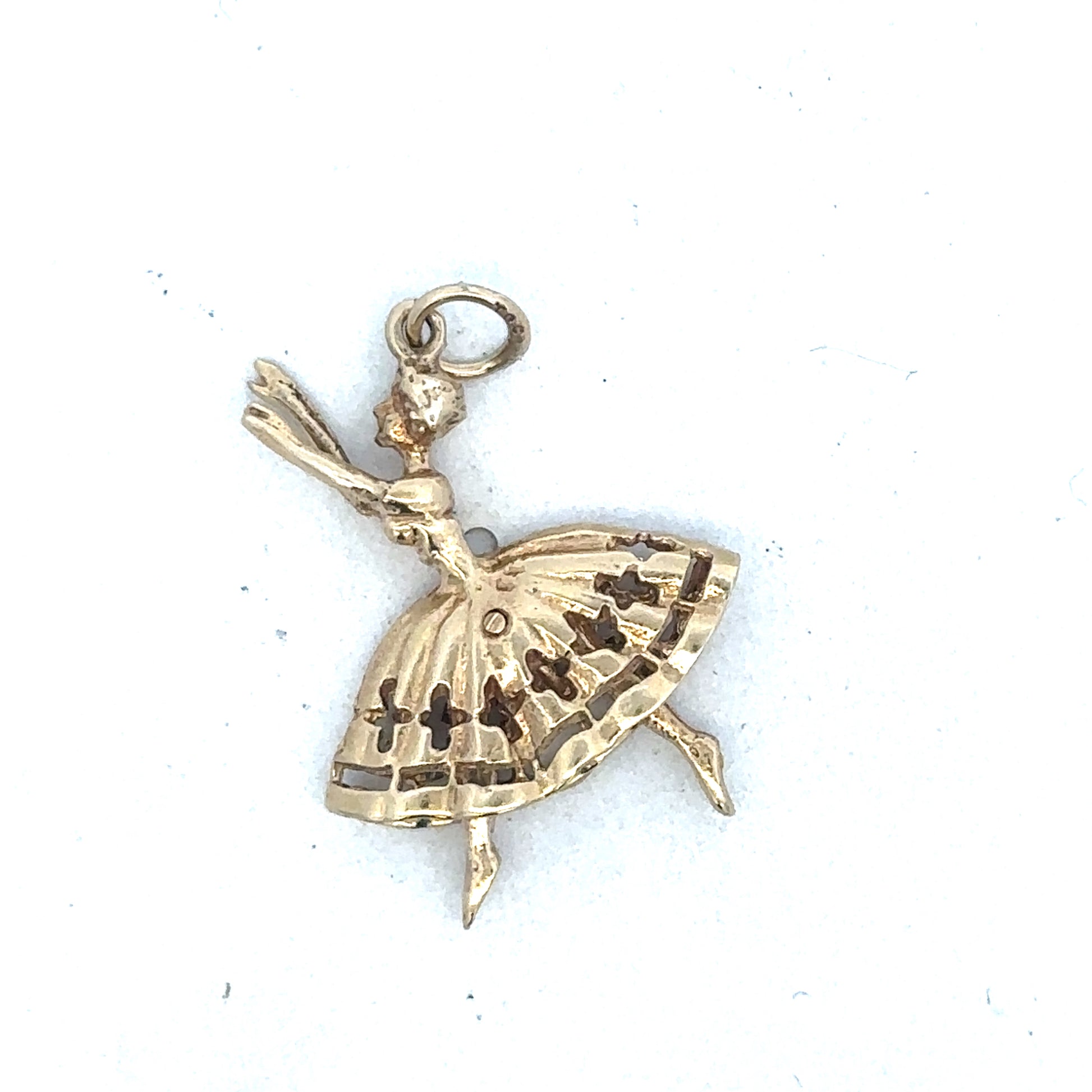 9ct yellow gold ballerina pendant by Reeves and Sons, showcasing a delicate ballet dancer charm on a fine chain.