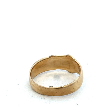 9ct yellow gold buckle ring in size L1/2, Reeves and Sons jewelry, featuring a polished buckle design on a white background.