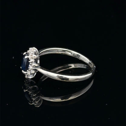 9ct white gold sapphire and diamond ring, size L, featuring a central sapphire gemstone with diamond accents, Reeves and Sons jewelry