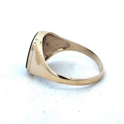 9ct yellow gold signet ring in size T with engraved face, crafted by Reeves and Sons, displayed on a neutral background.