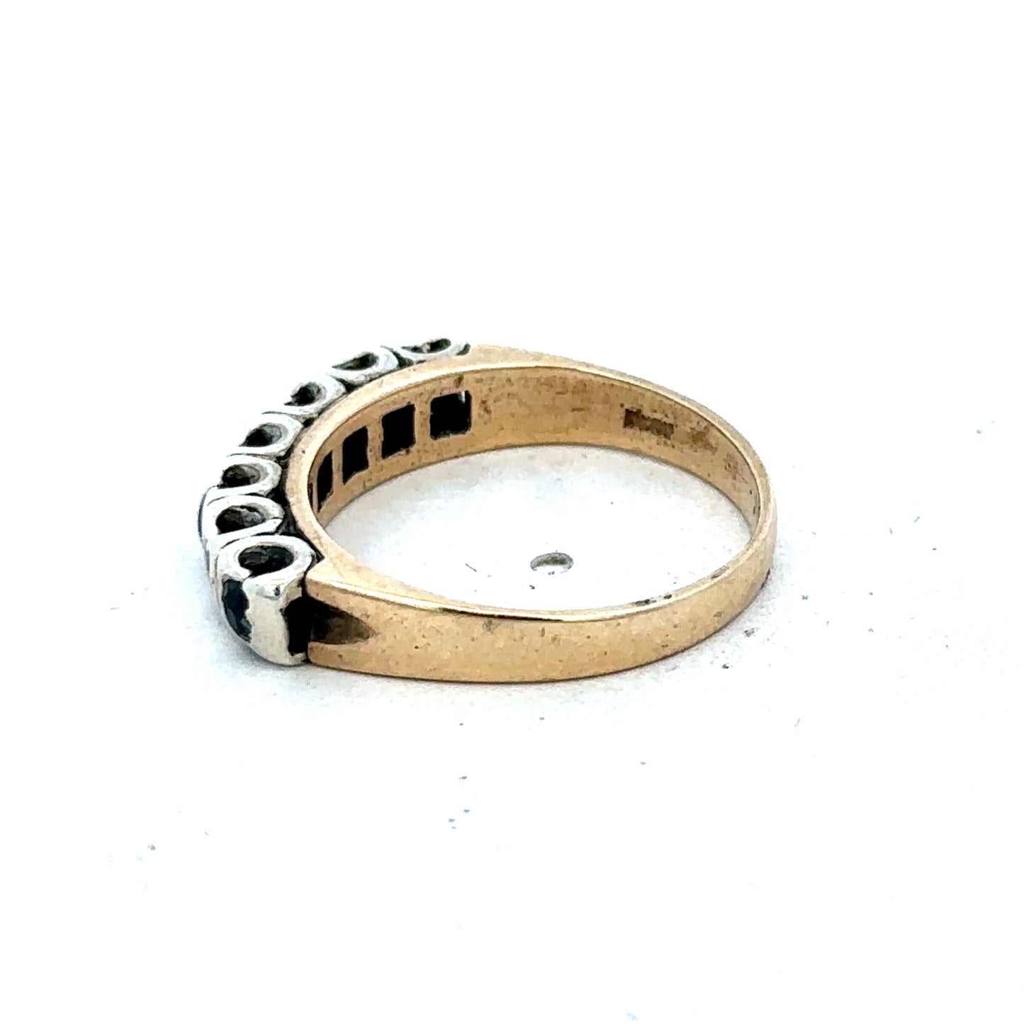 9ct yellow gold sapphire and diamond ring, size K, featuring a central sapphire gemstone with diamond accents, Reeves and Sons.