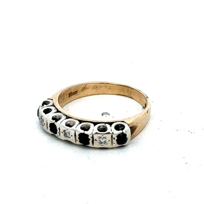 9ct yellow gold sapphire and diamond ring, size K, by Reeves and Sons, showcasing the elegant gemstone details and gold band.