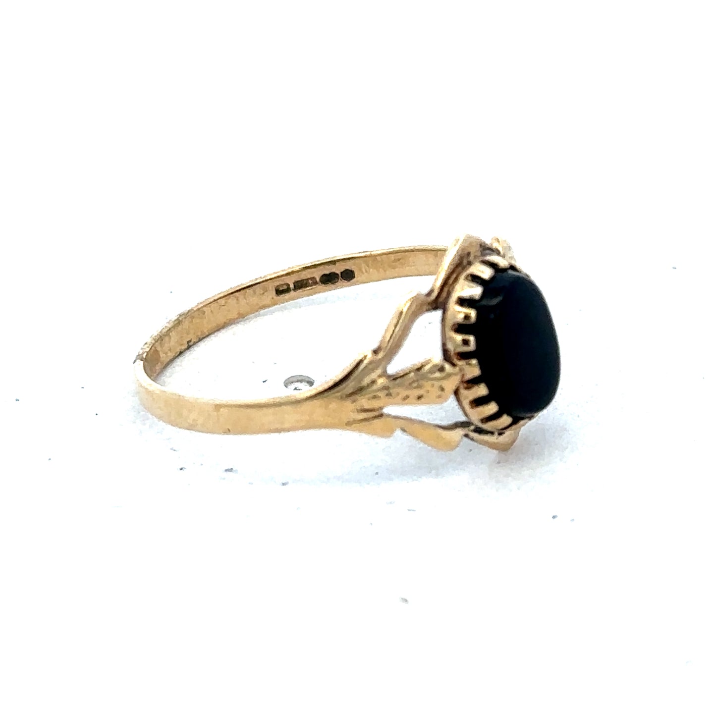 9ct yellow gold ring size P1/2 with smooth band, crafted by Reeves and Sons, displayed on a neutral background