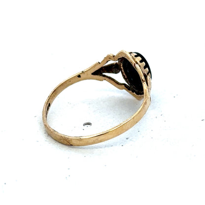 9ct yellow gold ring in size P1/2 with a smooth band, crafted by Reeves and Sons, shown on a white background.