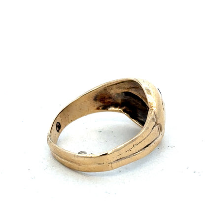 9ct yellow gold ring size R with a smooth band, crafted by Reeves and Sons, shown on a white background.