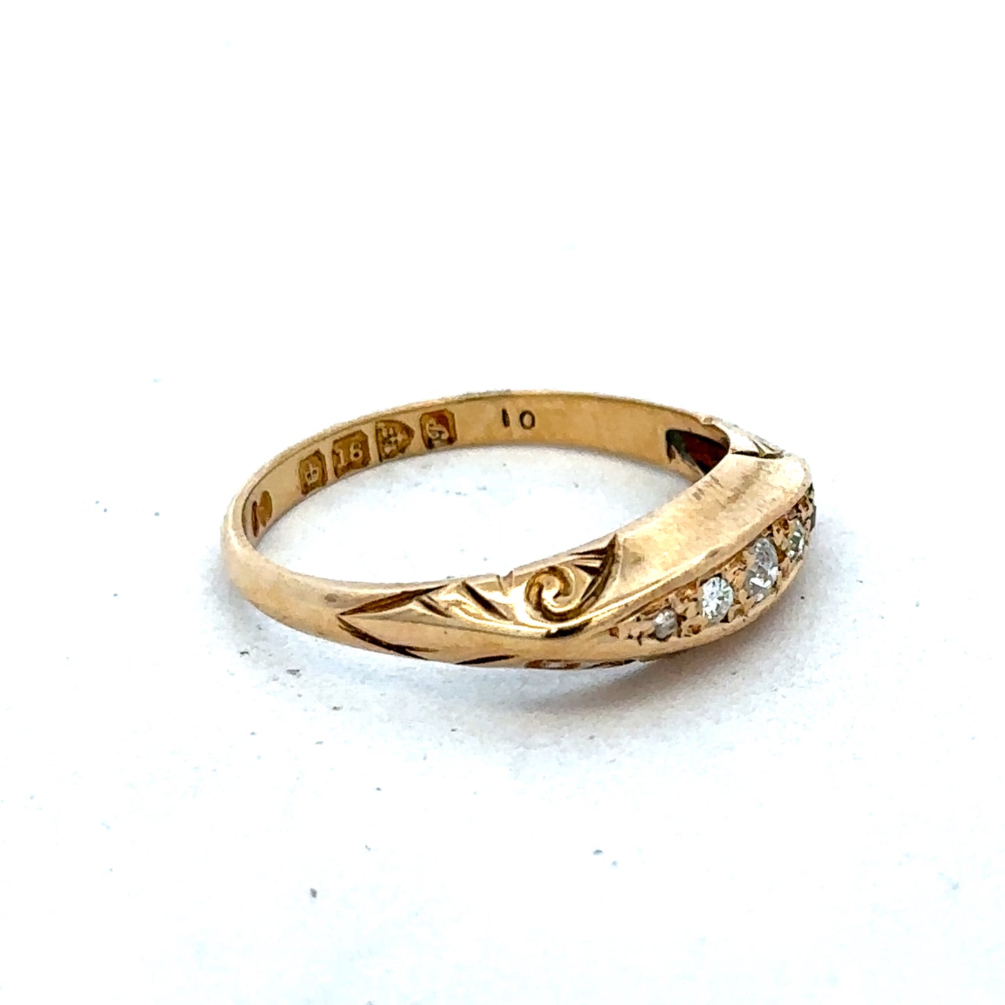18ct yellow gold diamond ring size P by Reeves and Sons, featuring sparkling diamonds and elegant design.