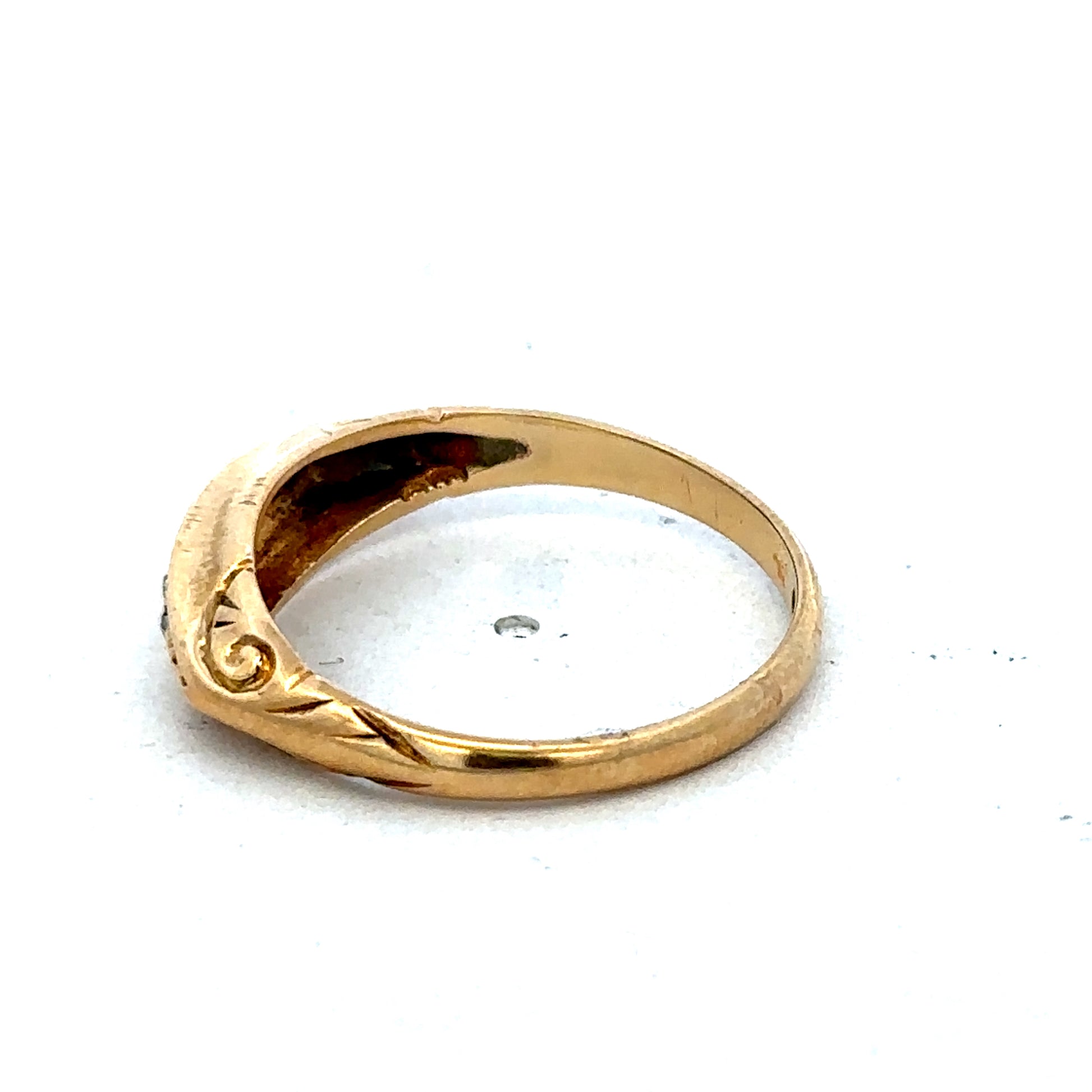 18ct yellow gold diamond ring in size P by Reeves and Sons, featuring a sparkling diamond on a polished band.