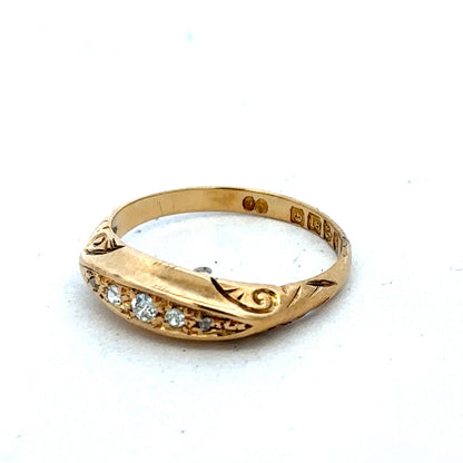 18ct yellow gold diamond ring with sparkling stones, size P, by Reeves and Sons, showcasing intricate design and fine craftsmanship.