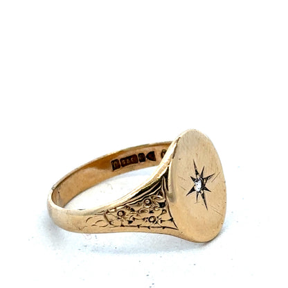 9ct yellow gold signet ring in size U, featuring a polished finish and classic design by Reeves and Sons.
