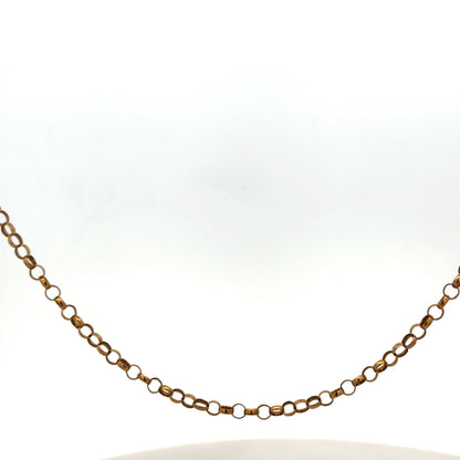 9ct yellow gold belcher chain with a polished finish, weighing 4.7g, from Reeves and Sons, shown laid flat.