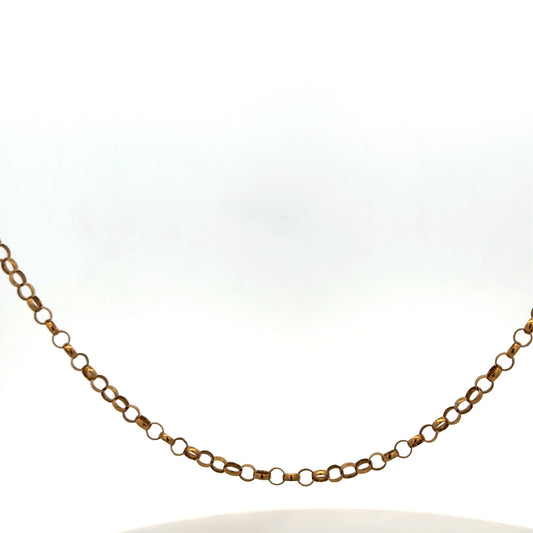 9ct yellow gold belcher chain with a polished finish, weighing 4.7g, from Reeves and Sons, shown laid flat.