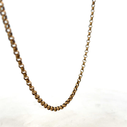 9ct yellow gold belcher chain lying flat, showcasing its shiny gold links, weight 14.5g, by Reeves and Sons.