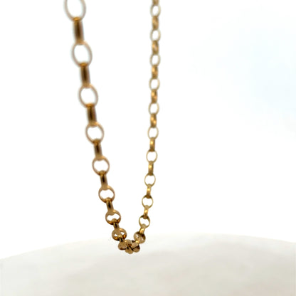 9ct yellow gold belcher chain with a polished finish, weighing 7.8g, from Reeves and Sons, displayed on a neutral background.