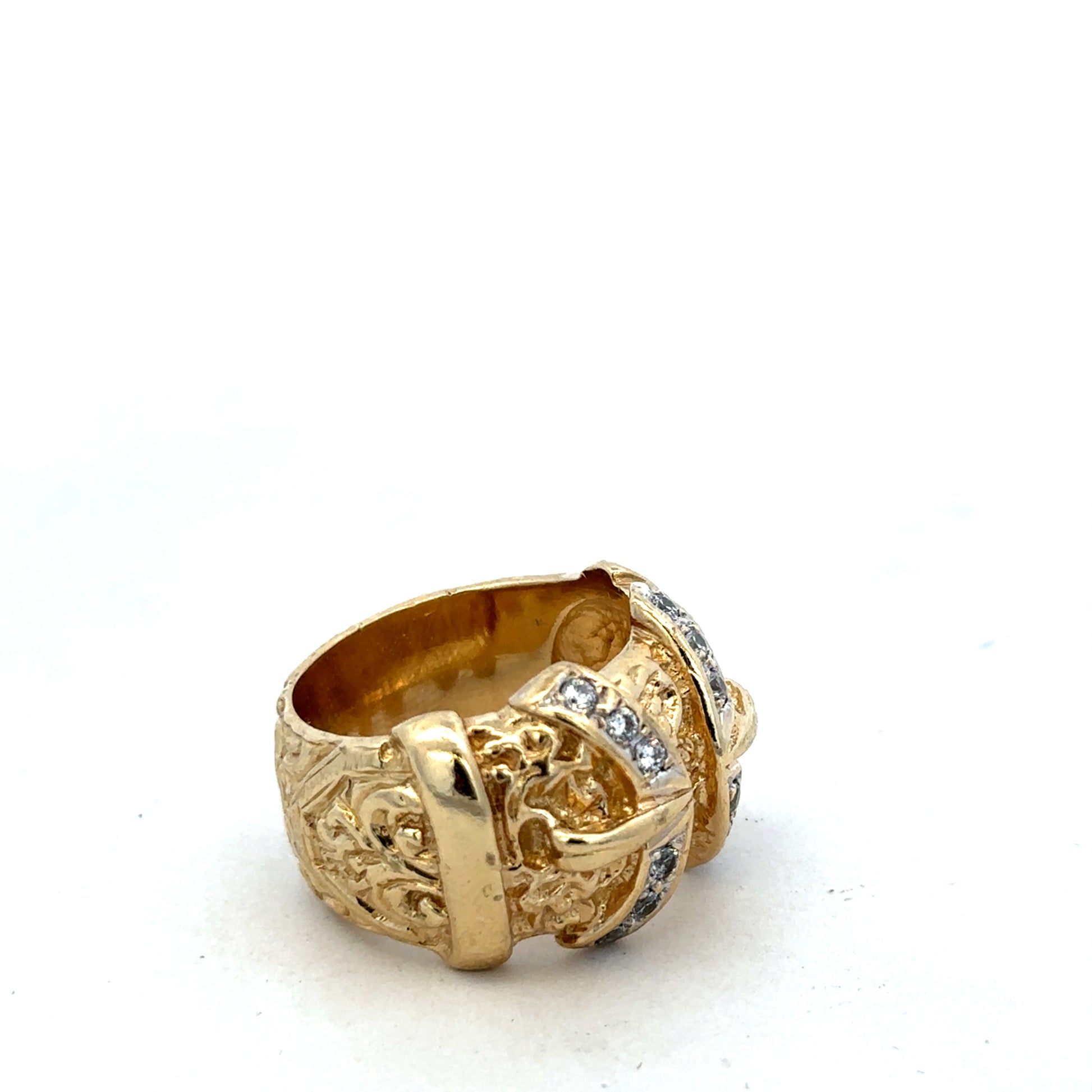 9ct yellow gold buckle ring in size Y, Reeves and Sons, featuring a polished gold band with a distinctive buckle design